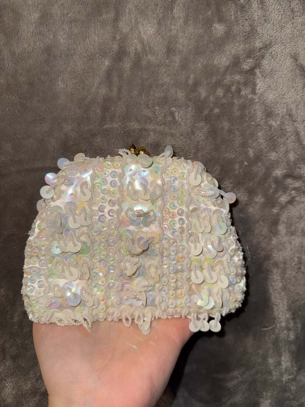 Vintage Iridescent White Sequin and Seed Bead Evening Clutch Bag with Gold Tone